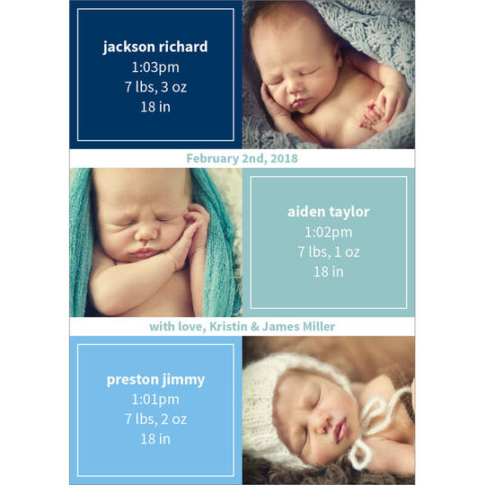 Shades of Color Squares Triplets Photo Birth Announcements